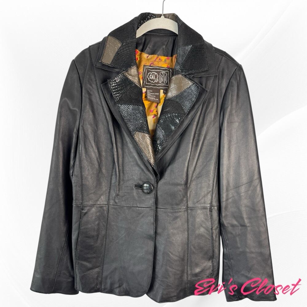 Chi by Falchi Vintage Black Leather Double Detachable PatchworkCollar Blazer S L